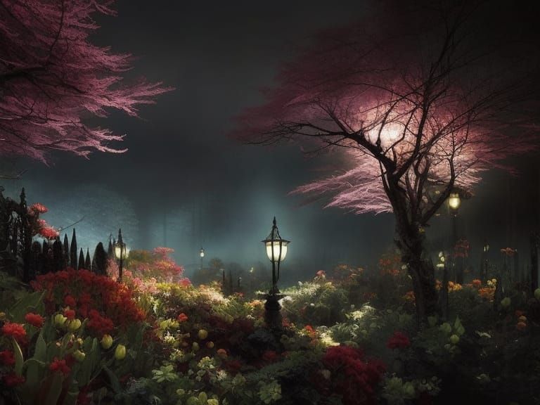 Elegant Dark Academia Garden with Volumetric Lighting