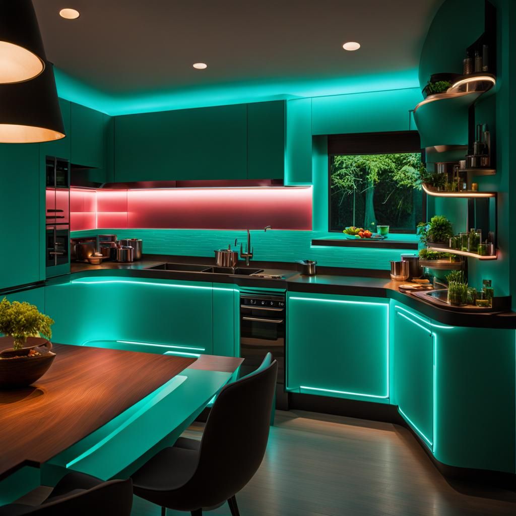 Neon Turquoise Aurora Illuminates Modern Kitchen