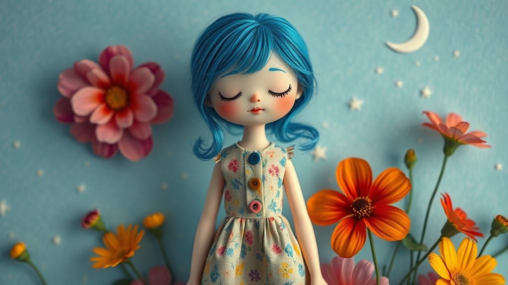 Dreamy Doll with Blue Hair in Whimsical Illustration