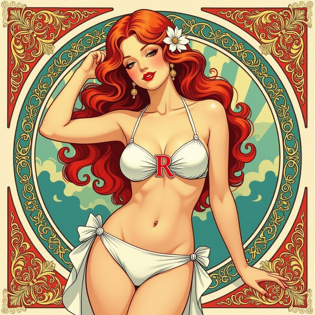 Elegant Redhead in Art Nouveau Style Bikini