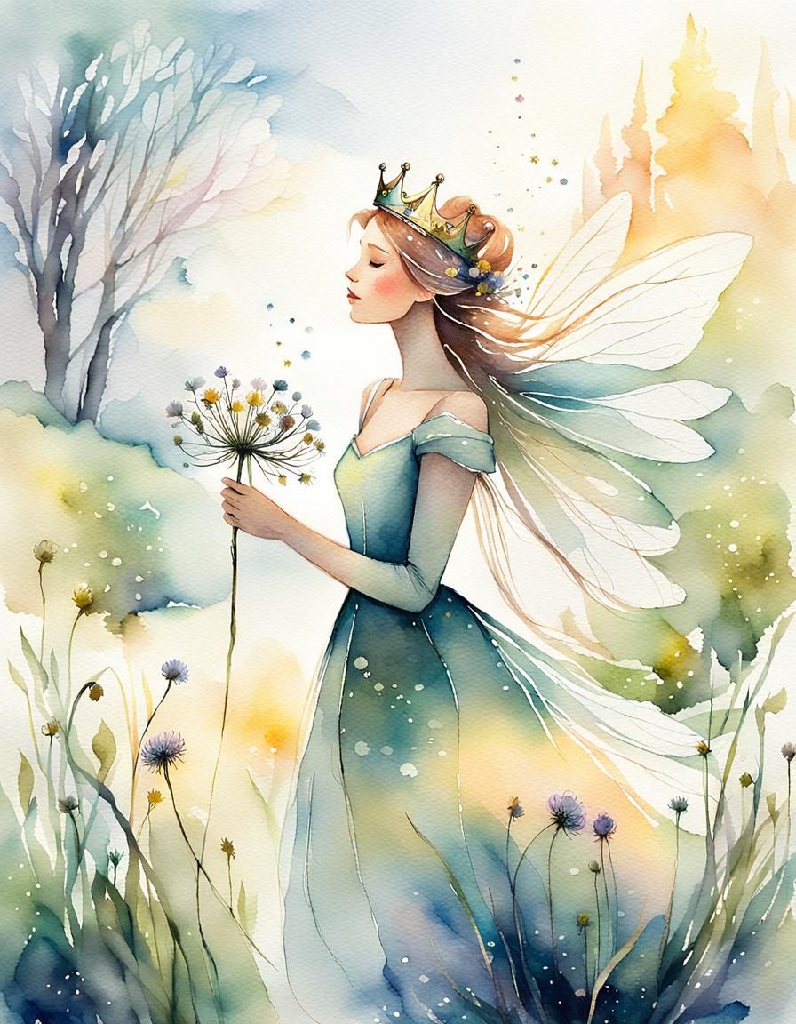 Delicate Fairy in Watercolor Spring Landscape