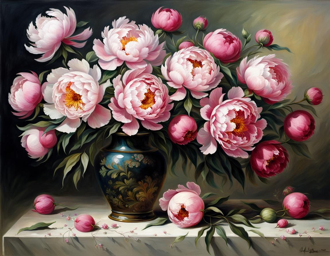 Vase with Peonies in Botanical Art Style