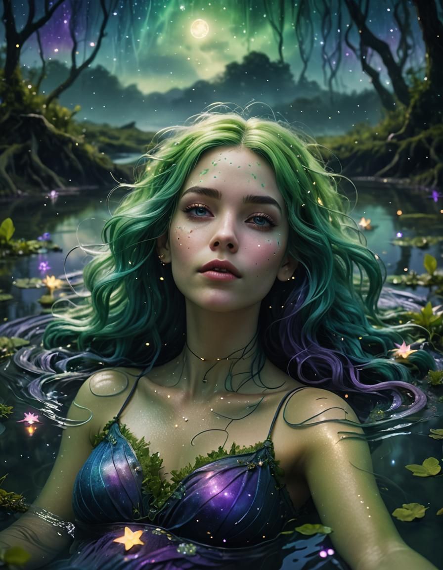 Ethereal Green-Haired Woman in Starry Swamp