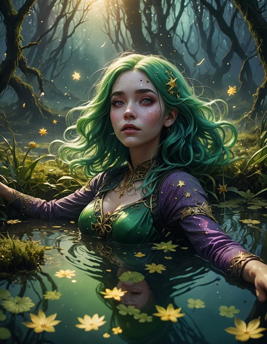 Woman with Green Hair Floating in Starry Swamp