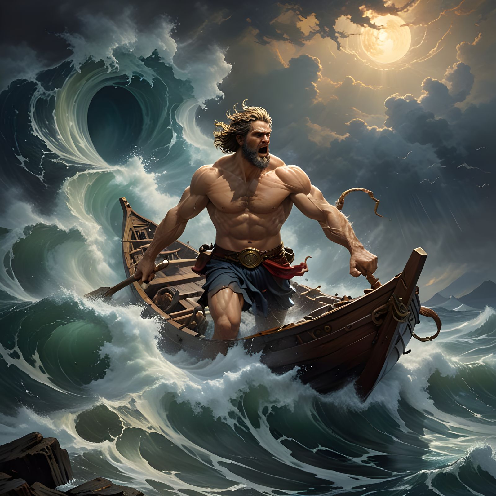 Odysseus Battles Charybdis in a Dark, Stormy Night