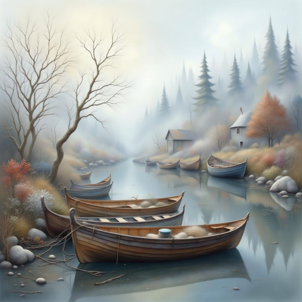 Misty Fog Over Old Port Wood Boats