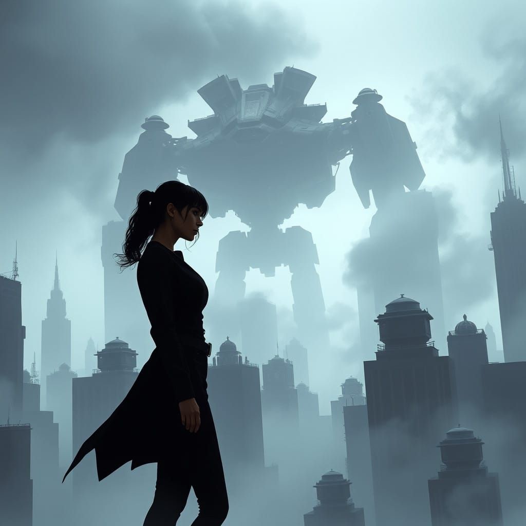Mysterious Femme Fatale in a Fog-Shrouded Cyberpunk Cityscap...