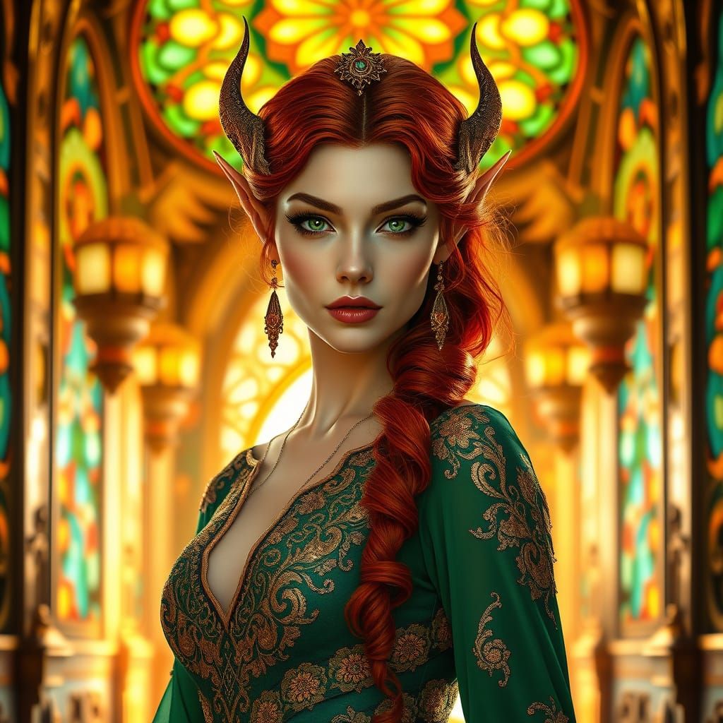 Regal Elven Woman in Art Nouveau Hall