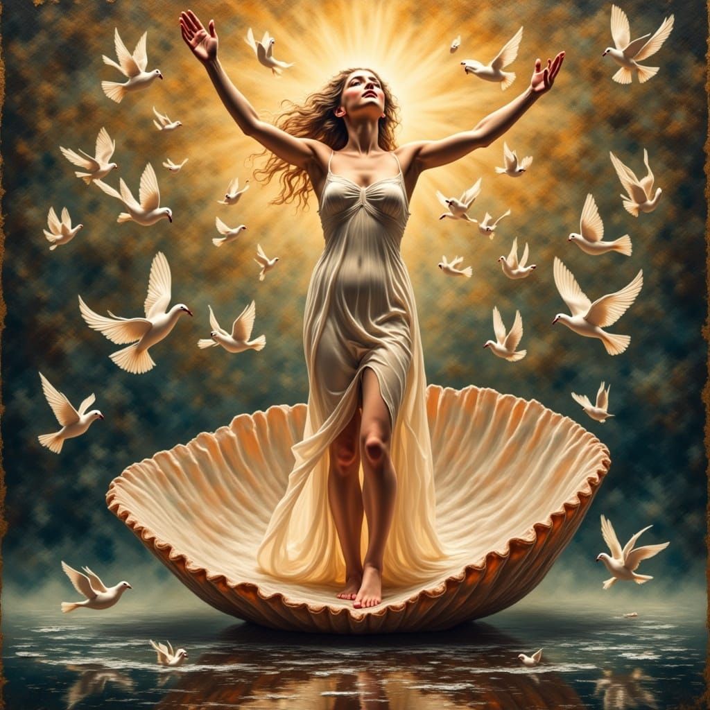 Venus Ascends Amidst Cherubs and Sea Foam in a Grungy Oil Pa...