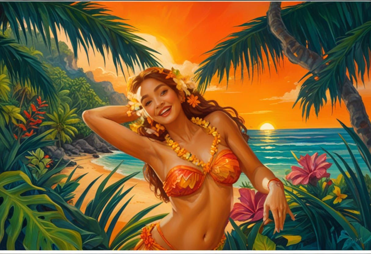Polynesian Hula Dancer on Beach at Sunset, Concept Art Style