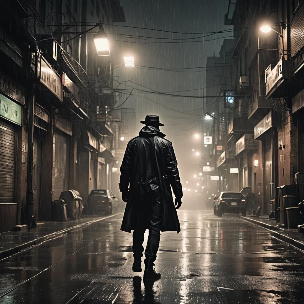 Cyberpunk Vigilante Confronts Criminals in Rainy Metropolis