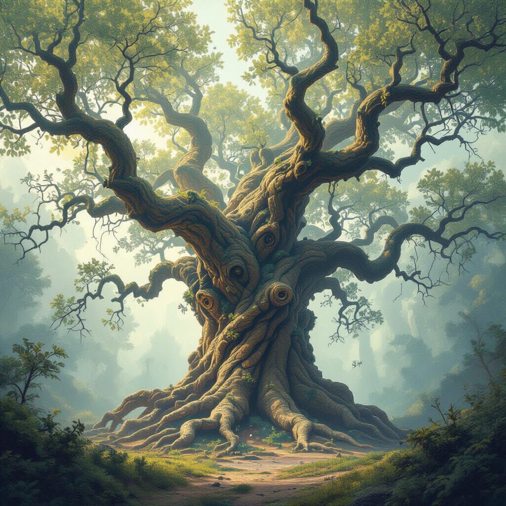 Mystical Ancient Tree in Dreamlike Forest