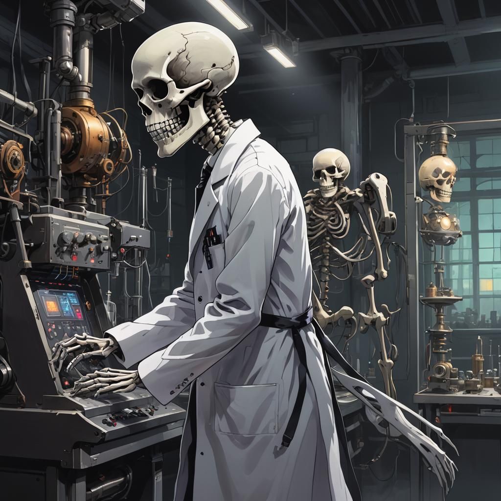 Skeleton Scientist Stares into Future: Dark Fantasy Painting