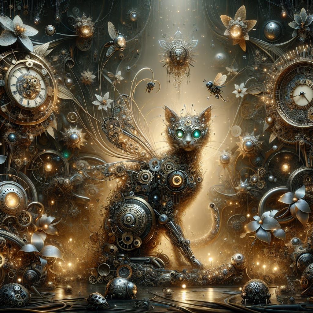 Steampunk Robotic Cat with Gold Sparkles