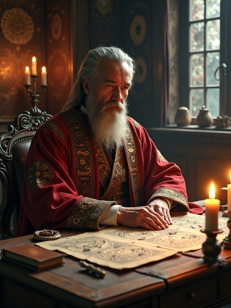 Astrologer at Desk with Celestial Charts
