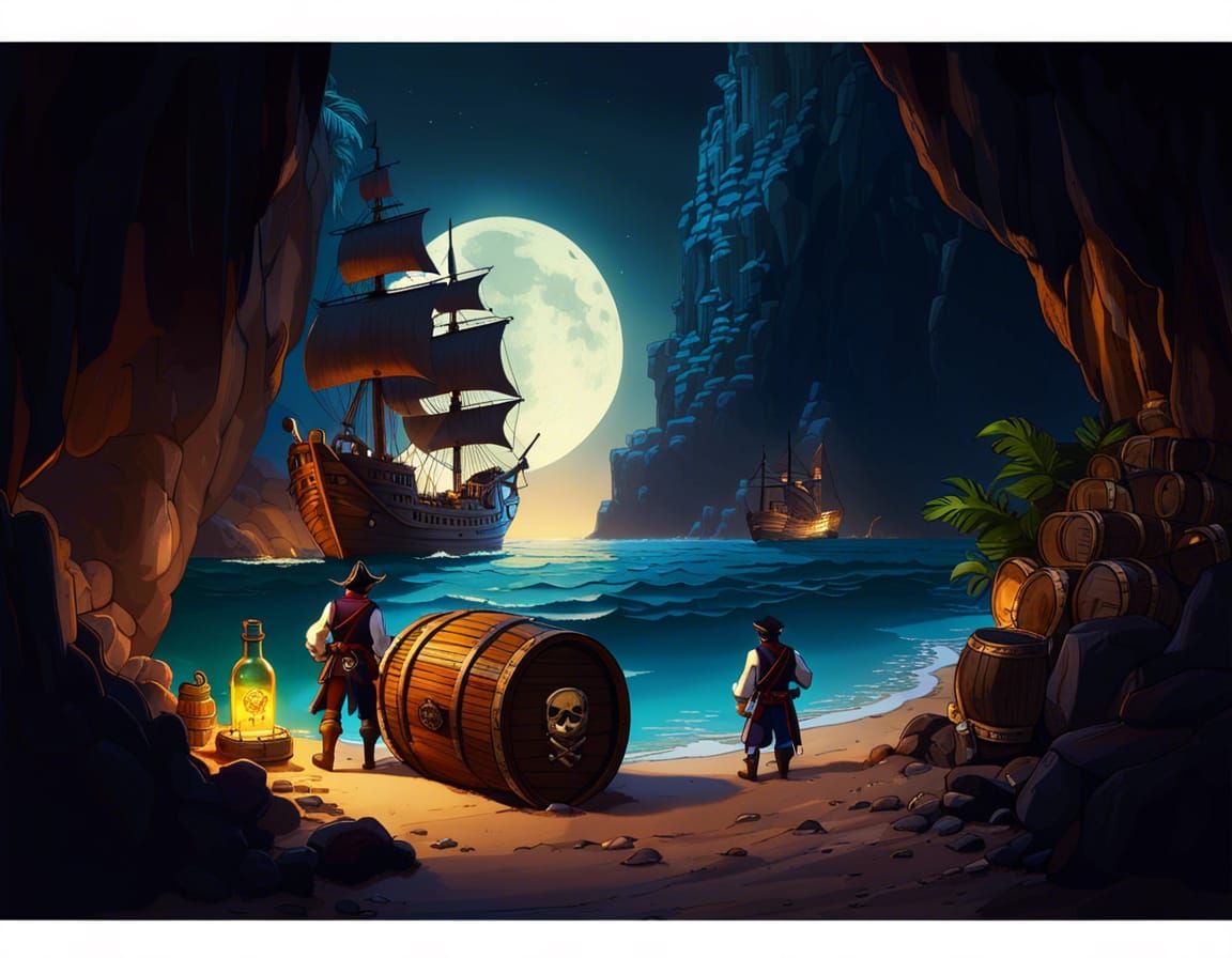 Moonlit Pirate Hideout with Treasure
