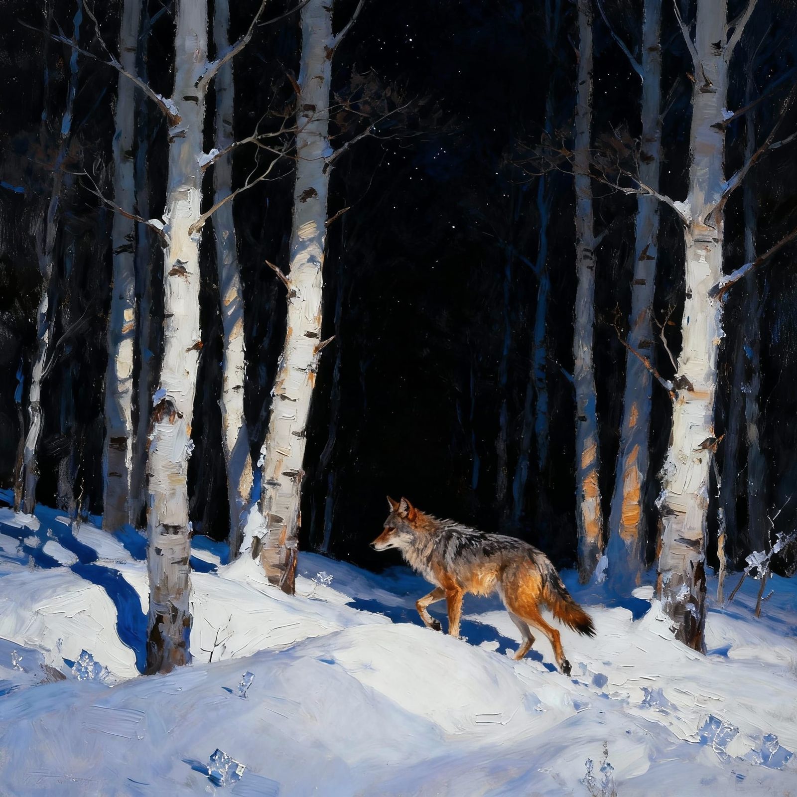 Realistic Oil Painting of a Coyote Trotting Through Snowy As...