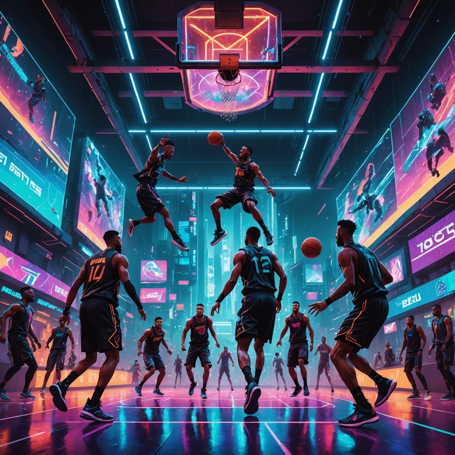 A team of cyberpunk athletes plays basketball on a neon-lit court suspended high above a sprawling metropolis...