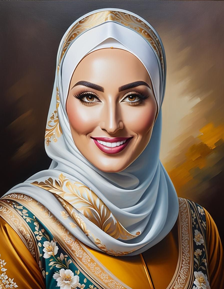 Portrait of Woman in Hijab with Facemask as Oil Painting