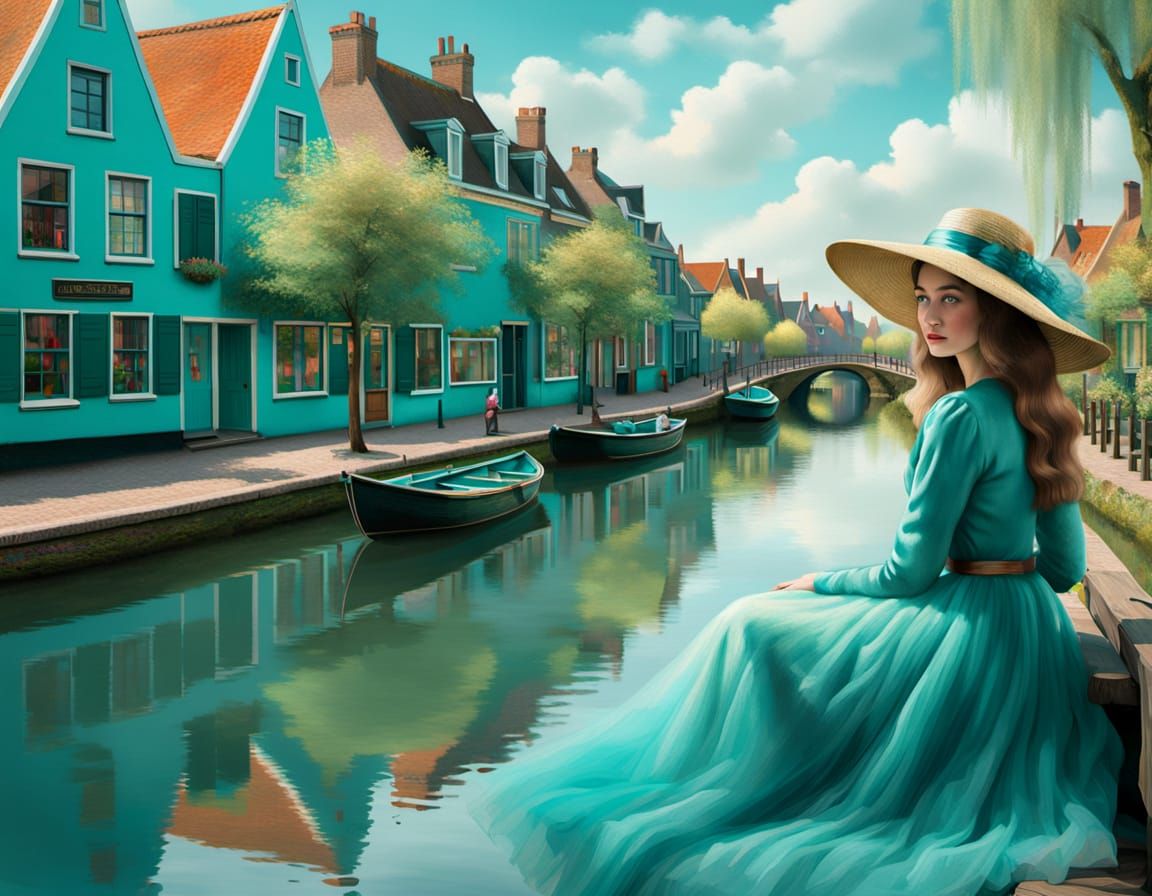 Woman in Turquoise Dress in Ethereal Dutch Landscape