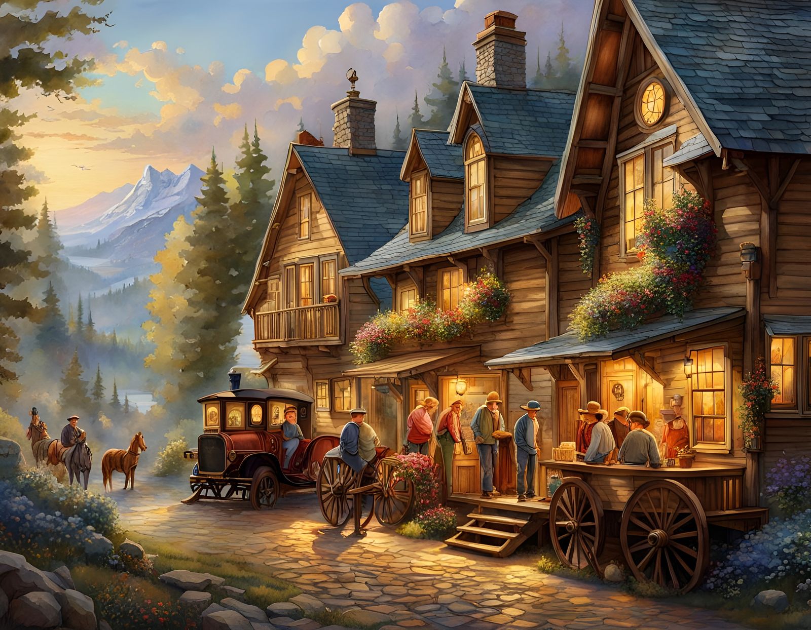 Boys in Old Town Montana: Folk Art Digital Illustration