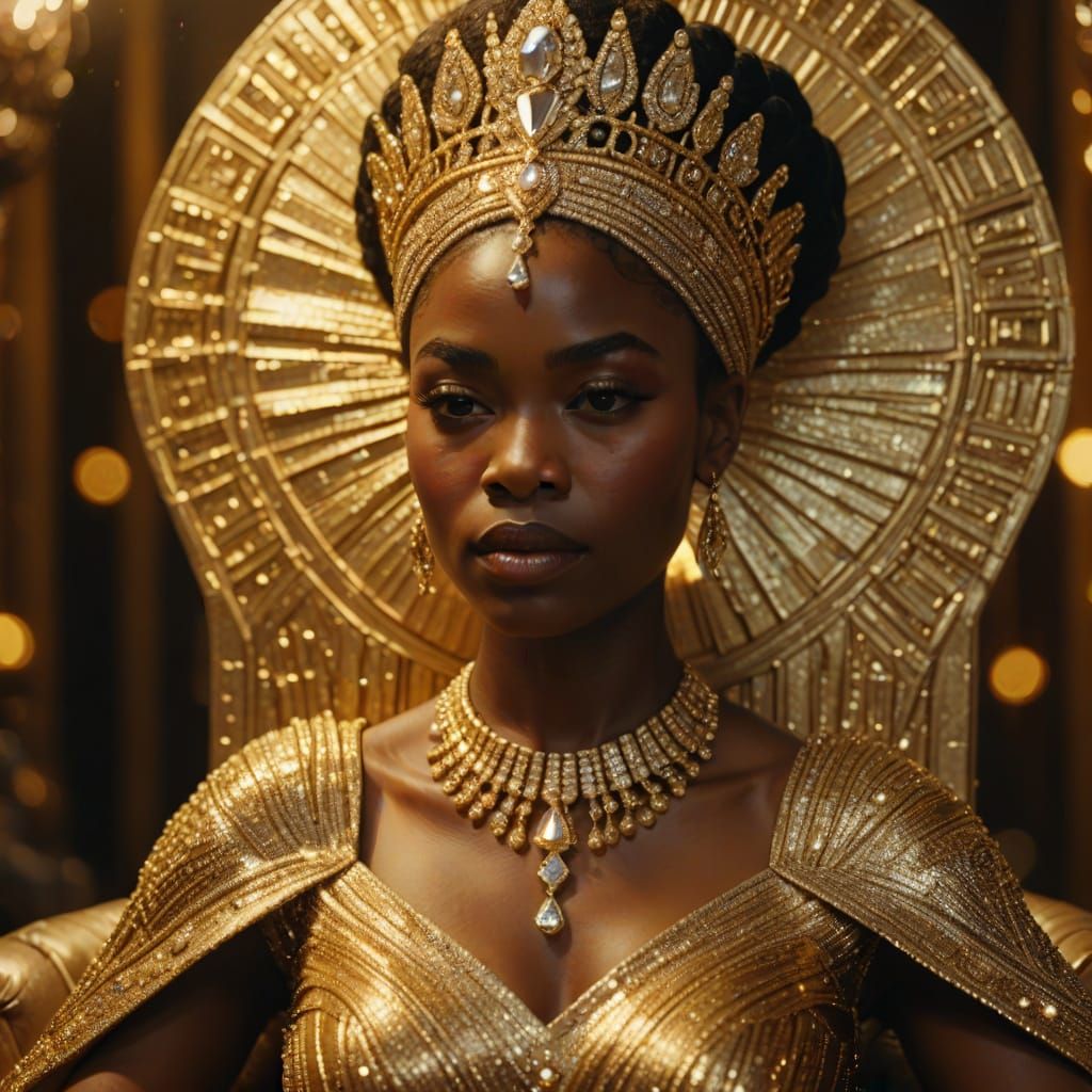 African Queen in Golden Dress: Luxurious Oil Painting