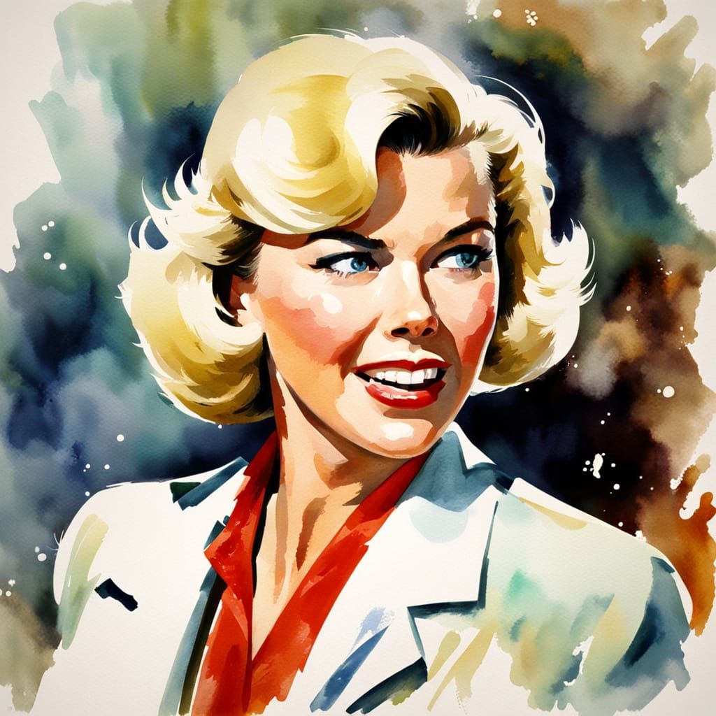 Frightened 1950s Film Star in Impressionist Watercolor
