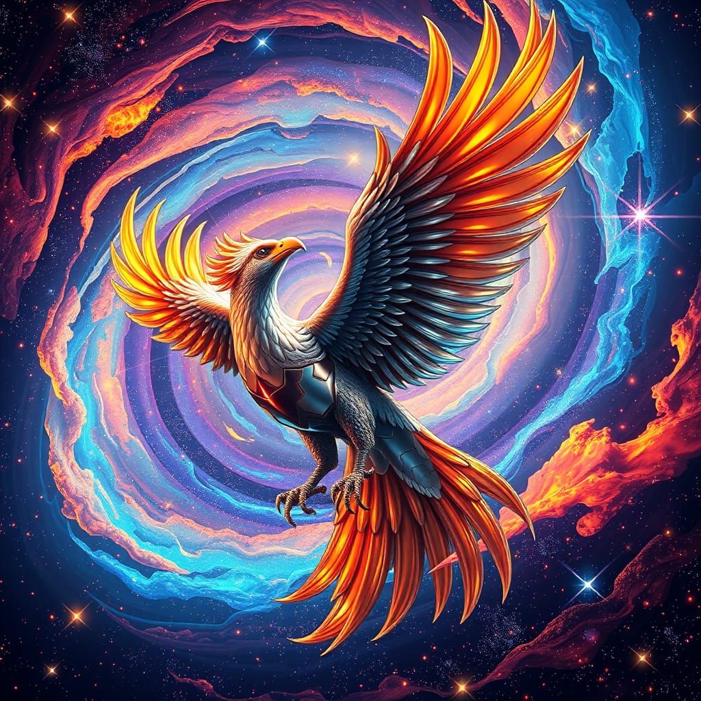 Metallic Phoenix Soaring Through Cosmic Galaxy