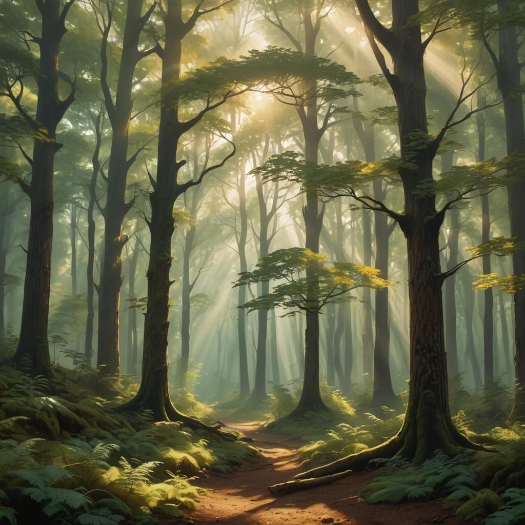 Serene Forest with Mist and Sunlight: Digital Art