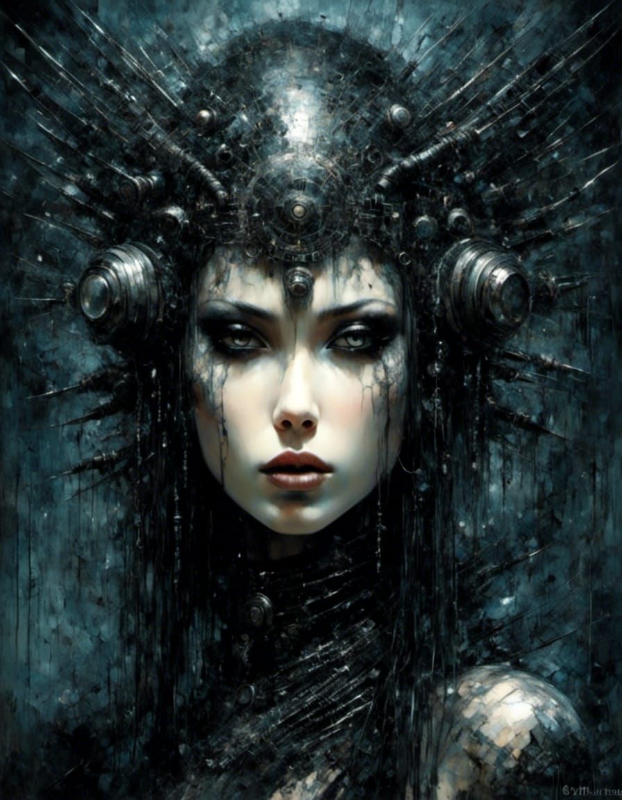 Gothic Punk Girl Merging with Motorcycle in Giger Style