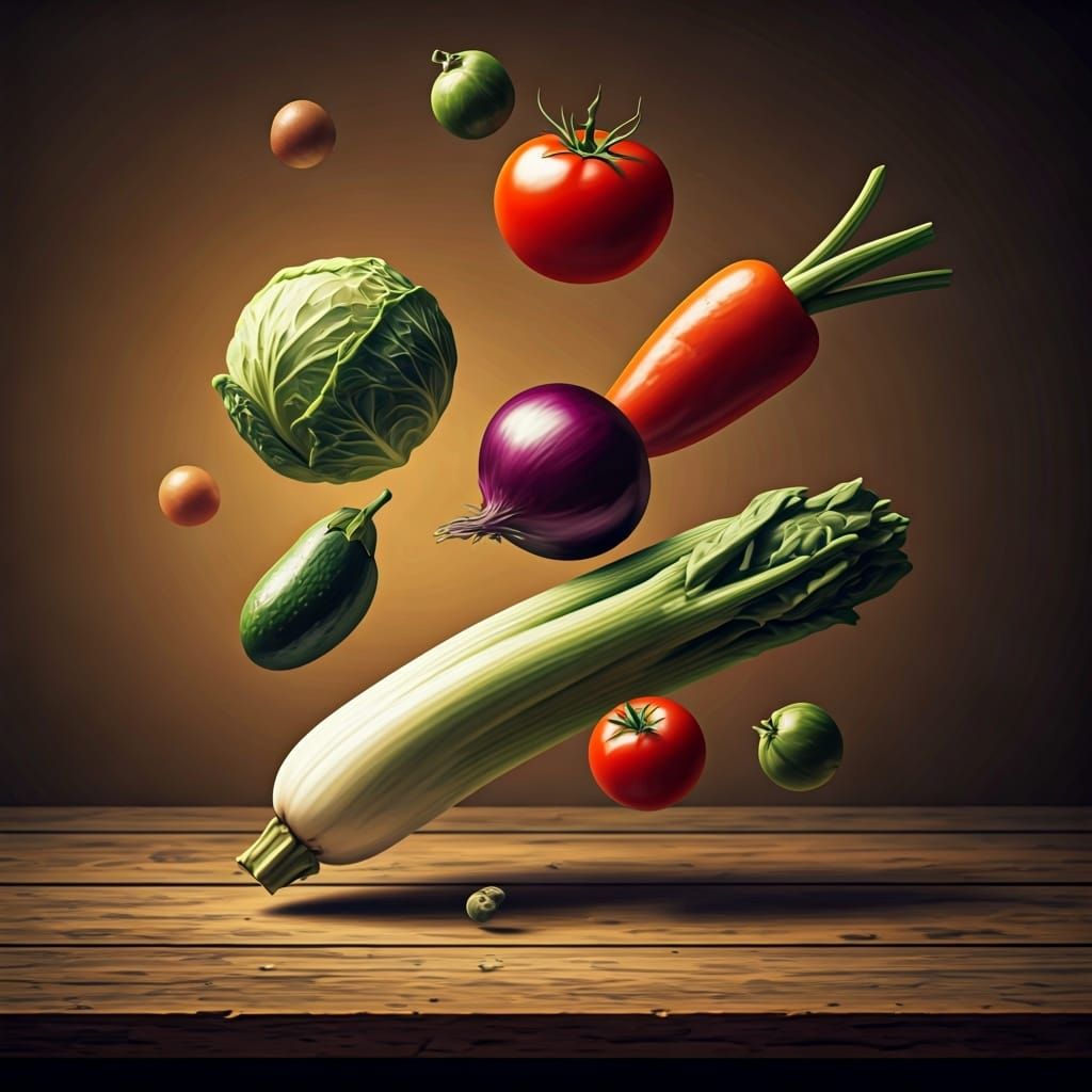 Vegetables Levitating in Surreal Oil Painting