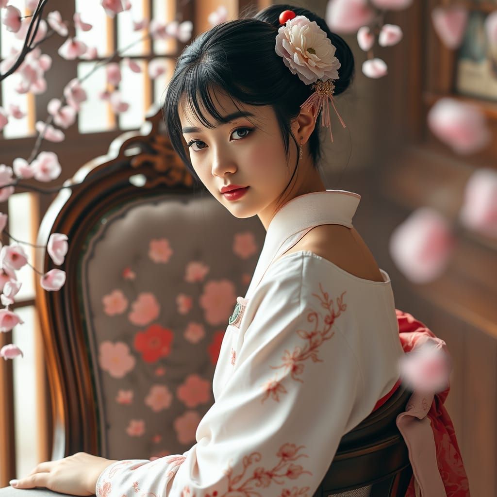 Japanese Geisha in Embroidered Outfit Amidst Cherry Blossoms