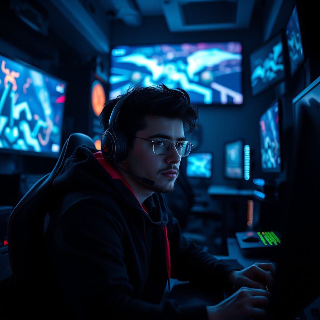 Gamer in Futuristic, High-Tech Lair with Hyperrealistic Clar...