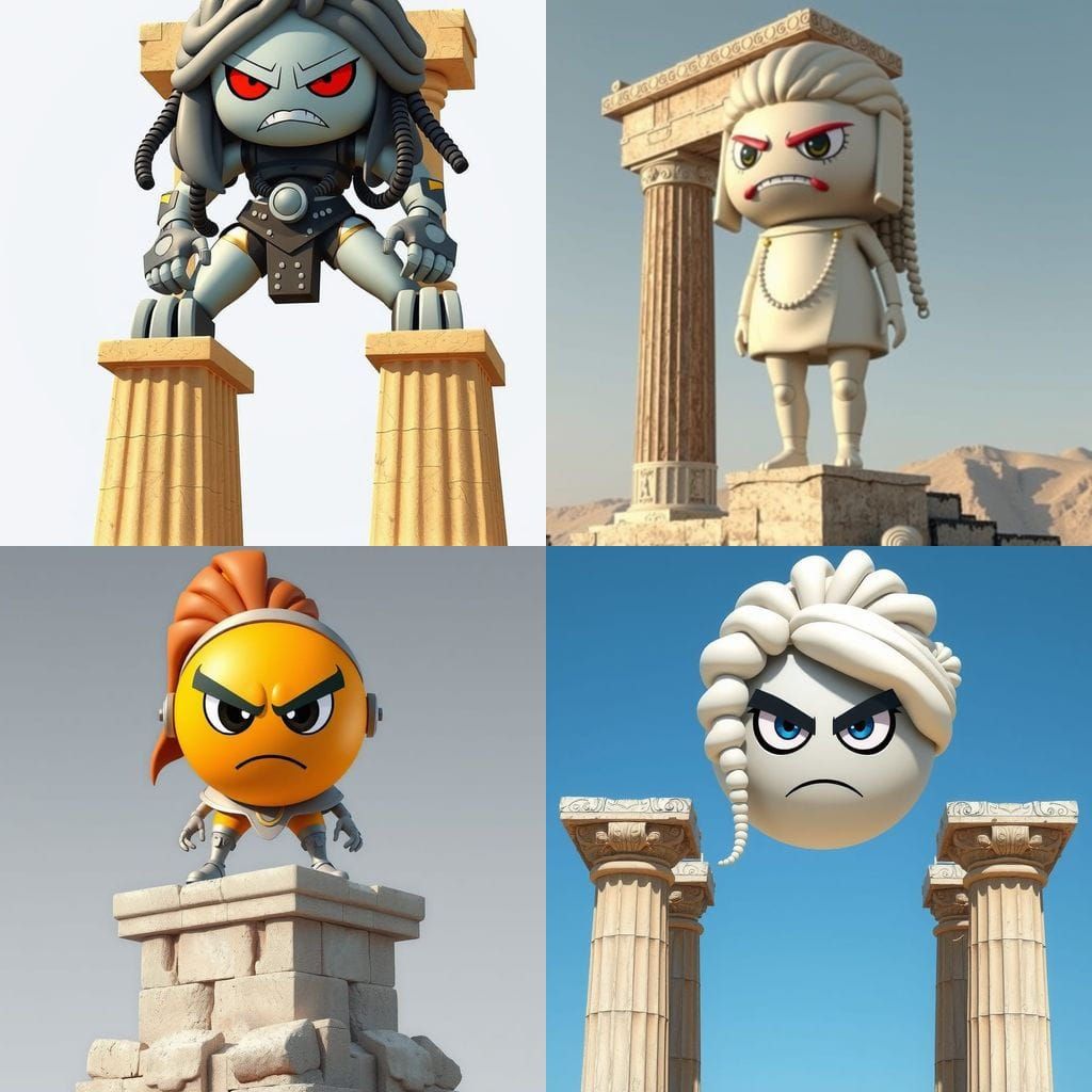 Angry AI Emoticon Colossus on Stone Columns