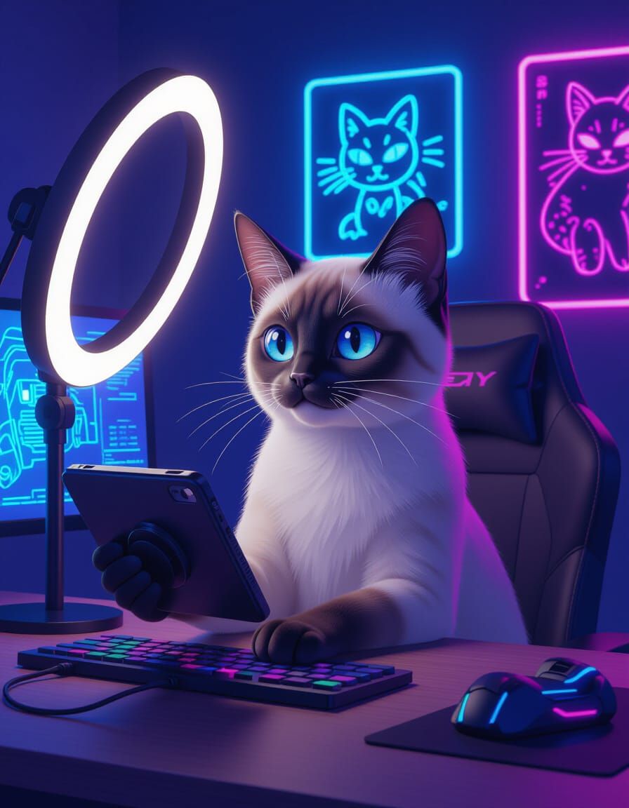 Gen Z Siamese Cat Vlogging in Cyberpunk Anime Style