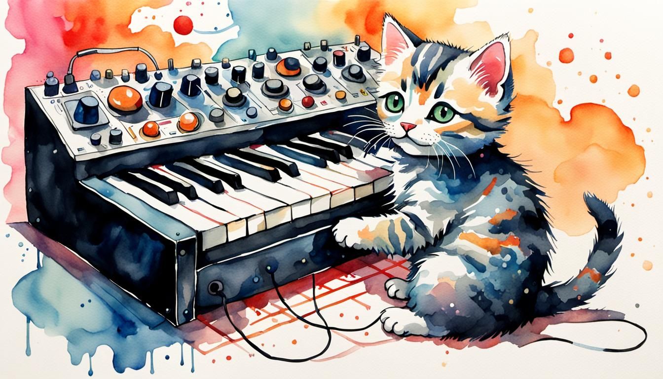 Kitten Musician at Modular Synth, Comic Watercolor