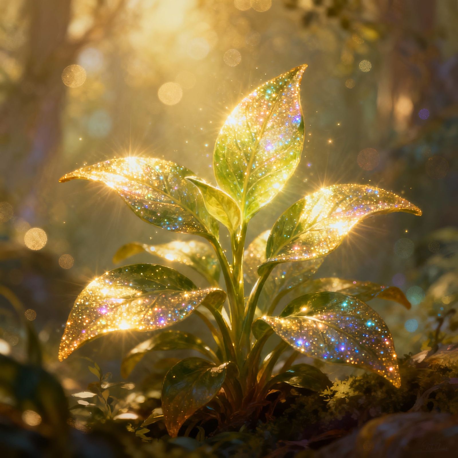 Ethereal Healing Plant Radiating Golden Light