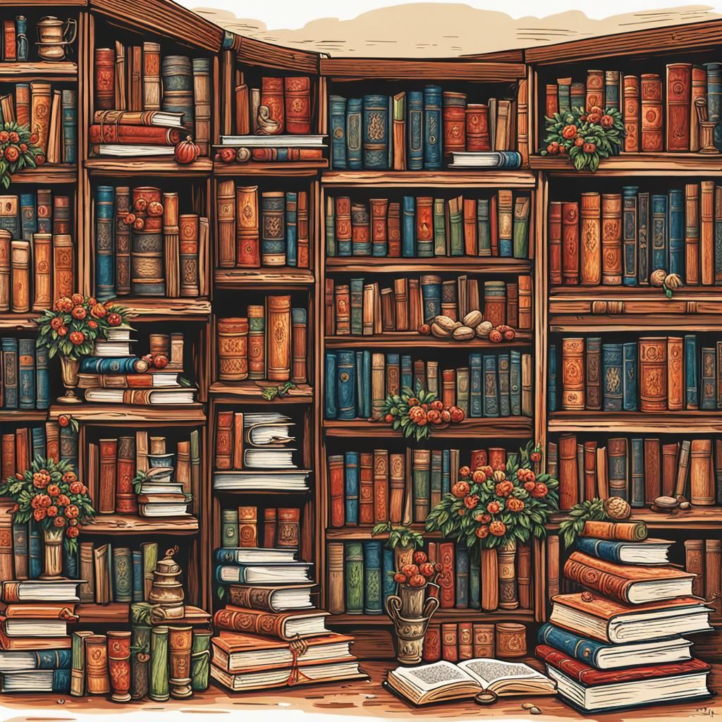 Detailed Bookshelf Still Life with Bokeh