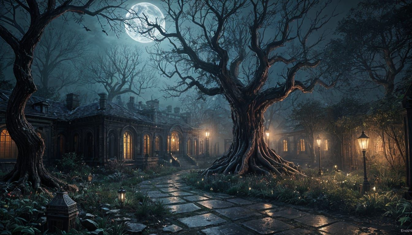 Eerie Garden at Night in Dark Fantasy Style