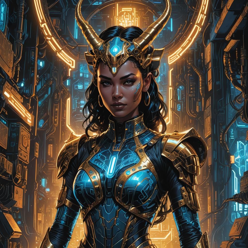 Cyborg Genie in Cyberpunk Comic Style