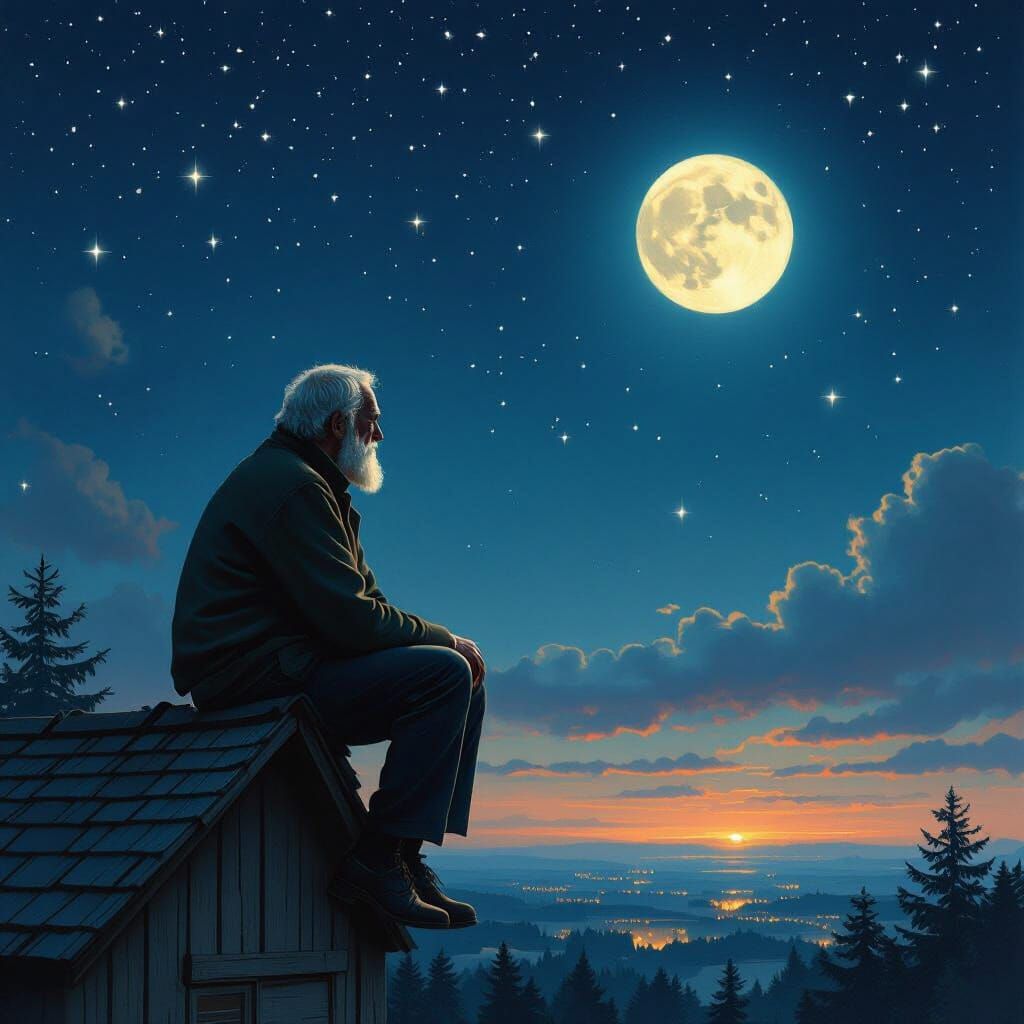 Old Man Sits on Roof Under Moonlight, Matte Painting