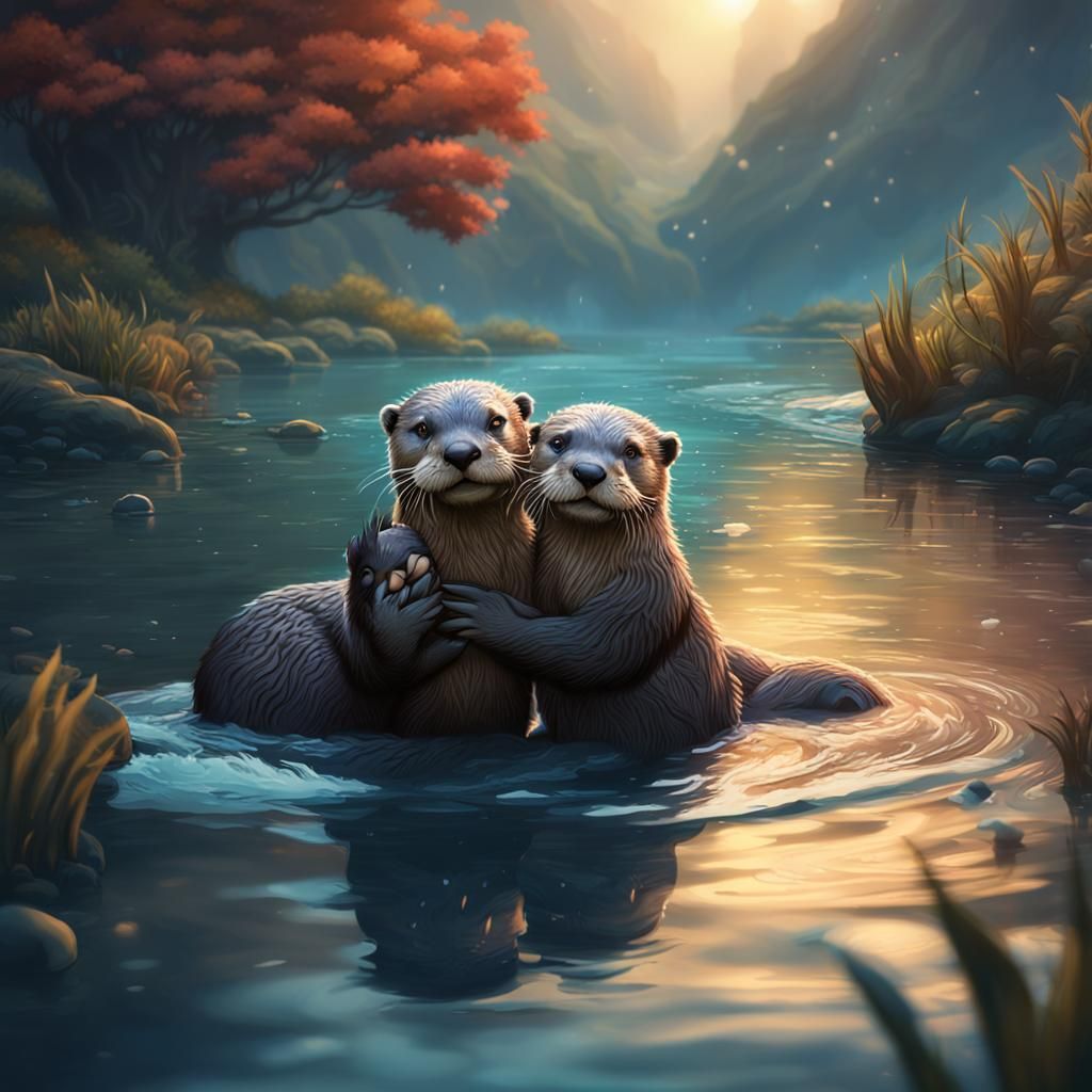 Two Otters Hugging in River: Detailed Matte Painting