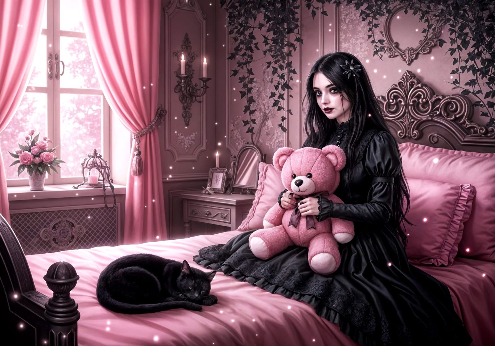 Goth Girl With Black Cat in Pink Bedroom