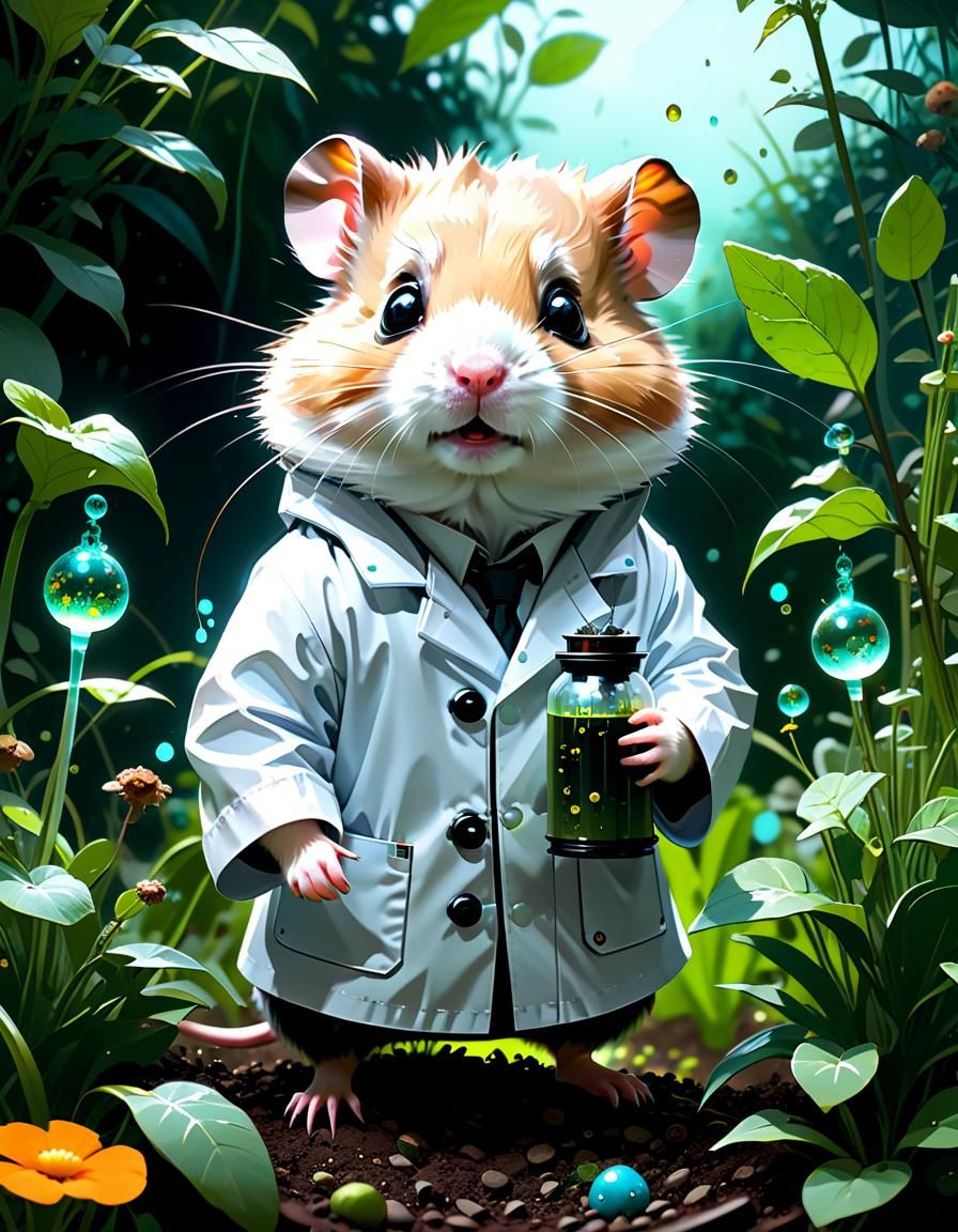 Hamster Mad Scientist in Garden, Digital Art