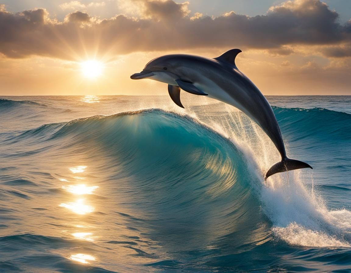 Dolphins Leaping in Sunset Ocean Wave