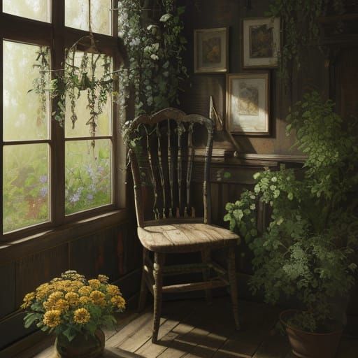 Oil Painting of a Chair with Growing Flower