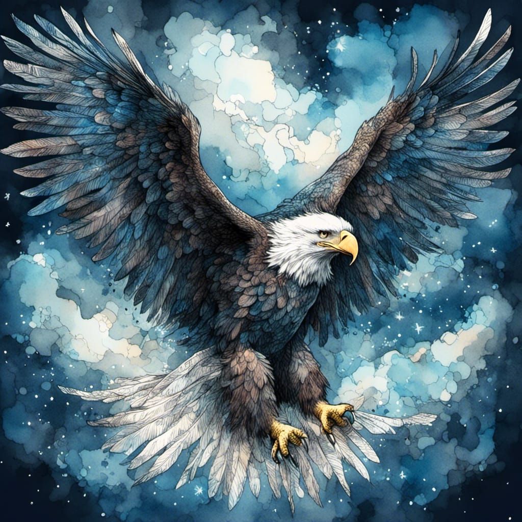 Drawing of a flying Bald Eagle on dark blue and cloudy backg...