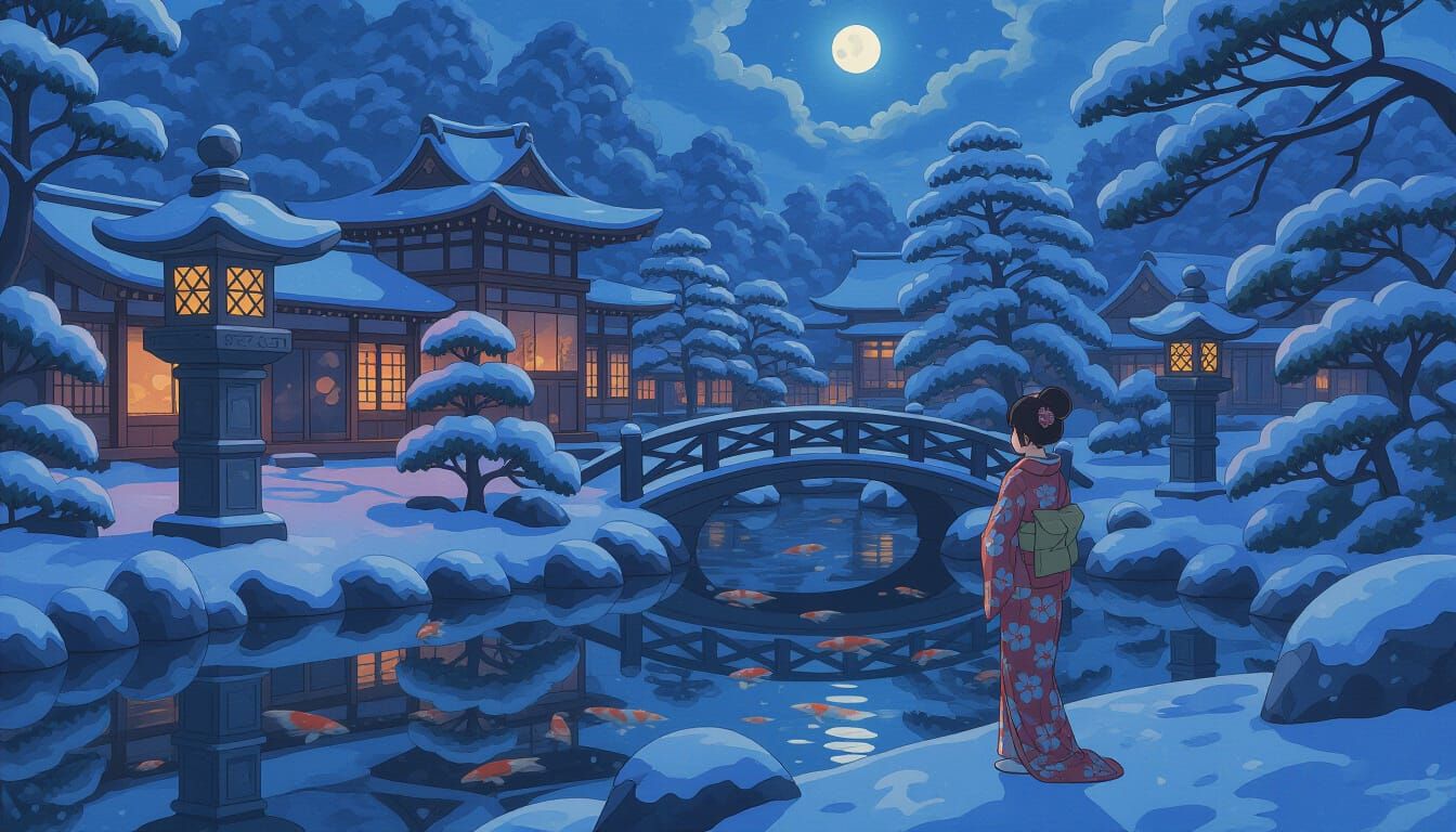 Serene Japanese Garden in Winter Snow