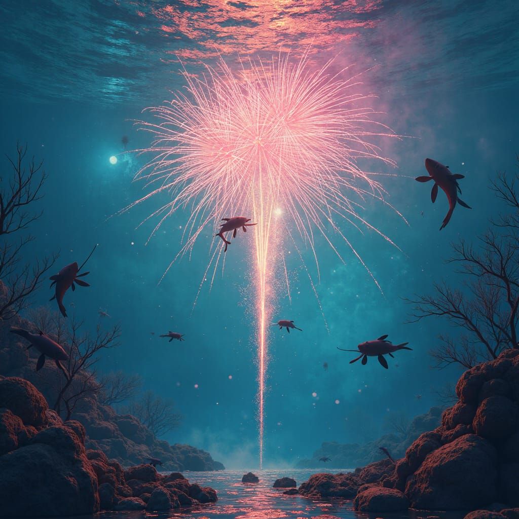 Underwater Fireworks Display in Vibrant Digital Art