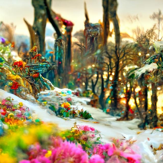 Snowy Winter Flower Garden: Hyperrealistic Digital Painting